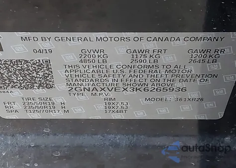 2019 Chevrolet Equinox Lt from USA, damaged, VIN 2GNAXVEX3K6265936